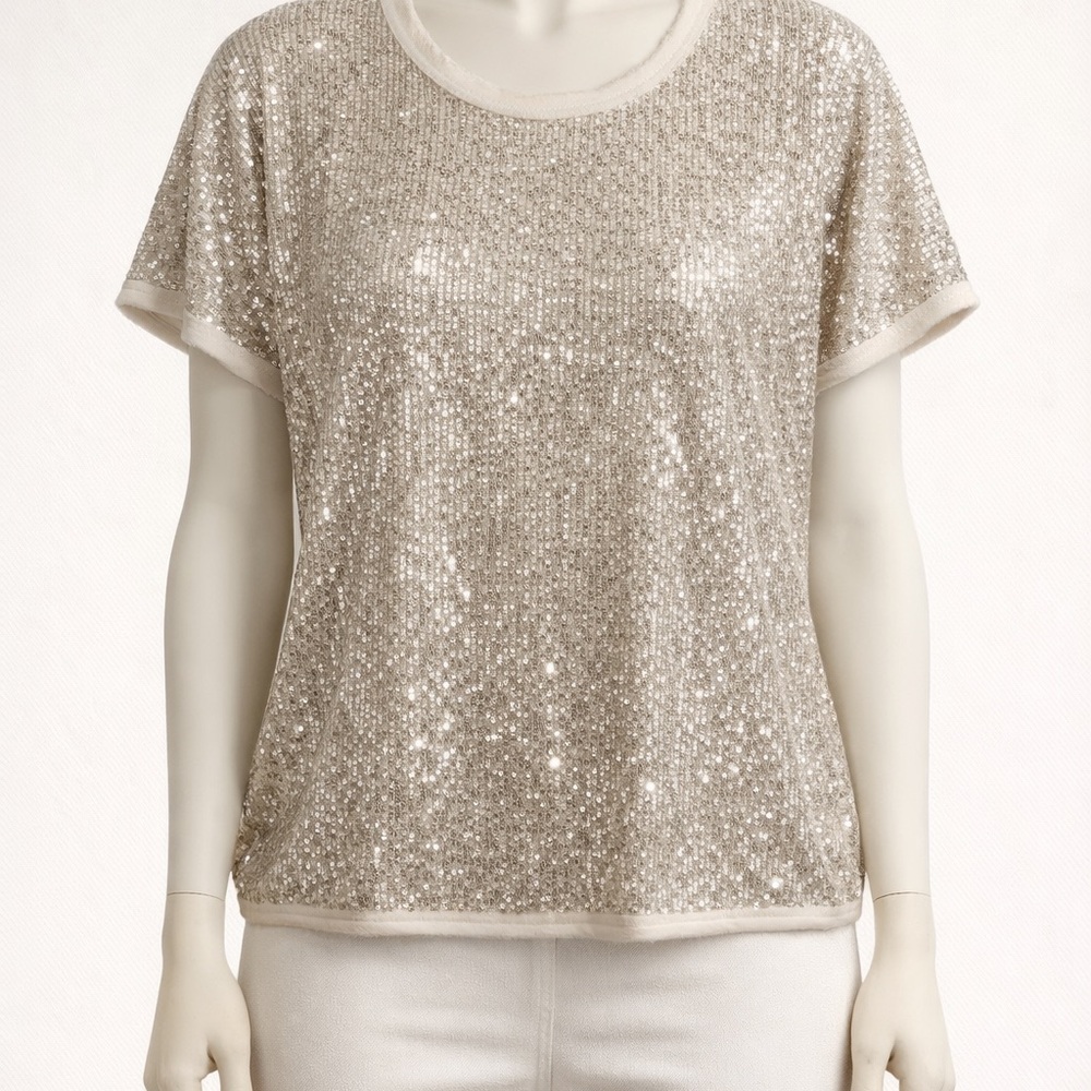 Entro Sequin Short-Sleeve Top - Cream-sz M